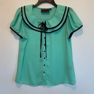 Voodoo Vixen Mint Green Sailor Collar Button-Down Blouse with Black Trim